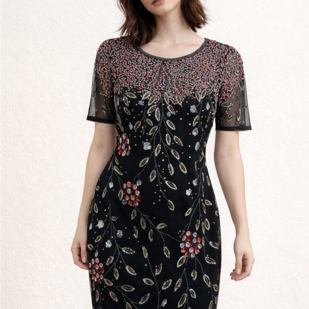 Adrianna Papell Black and Red Embellished short sleeves Midi Dress - Picture 3 of 9
